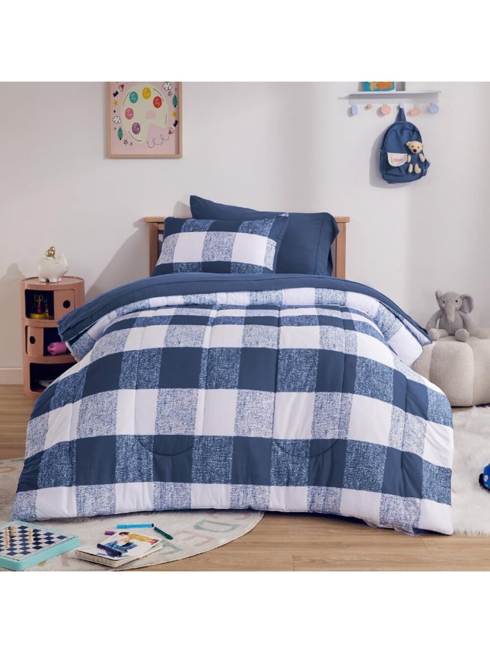 Cozy Kids Twin Comforter Set, 5-Piece Soft Jersey Knit Bedding, Blue Grid Design